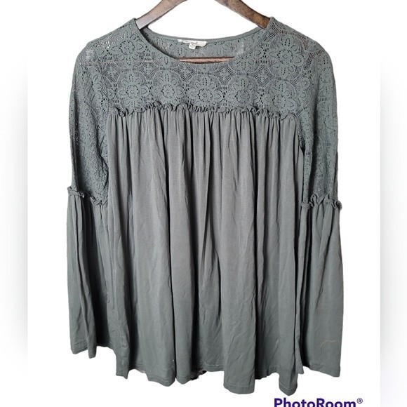 Easel Womens Sage Green Lace Detail Bell LongSleeve Tunic Blouse Oversized Small - Picture 1 of 8